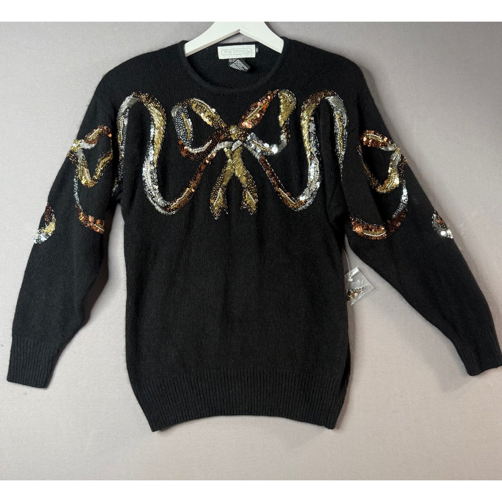 Vtg The Limited Silk Angora Sequin Sweater Womens XS S Black Bow Glam 80s 90s